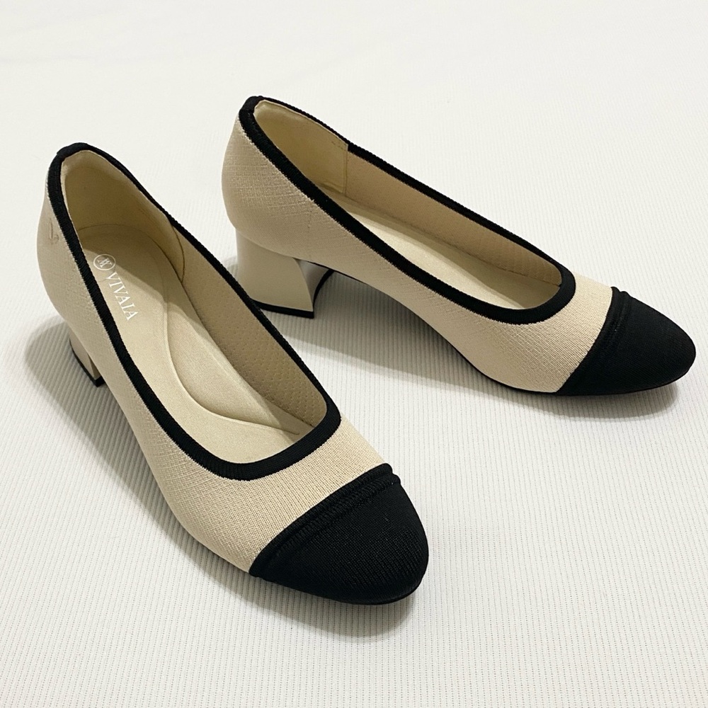 Vivaia Almond Toe Chunky Heels Julie Pro Beige & Black